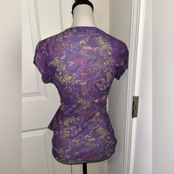 Johnny Heaven Purple mesh Wrap Top vneck floral design - Picture 3 of 4